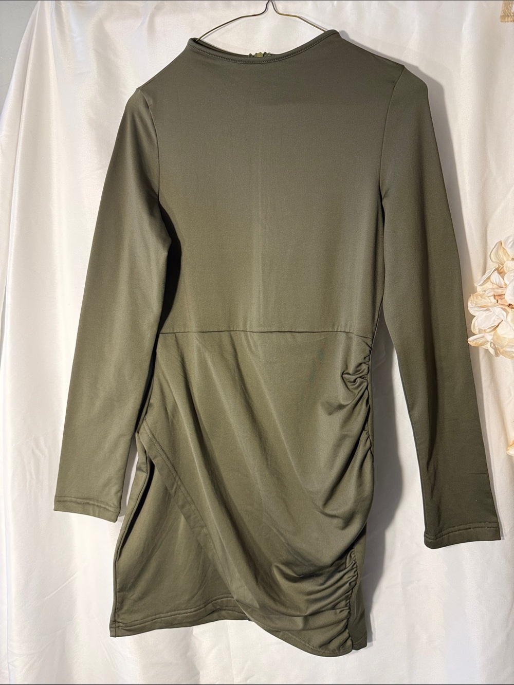 Women's Olive Green Long Sleeve Ruched Dress